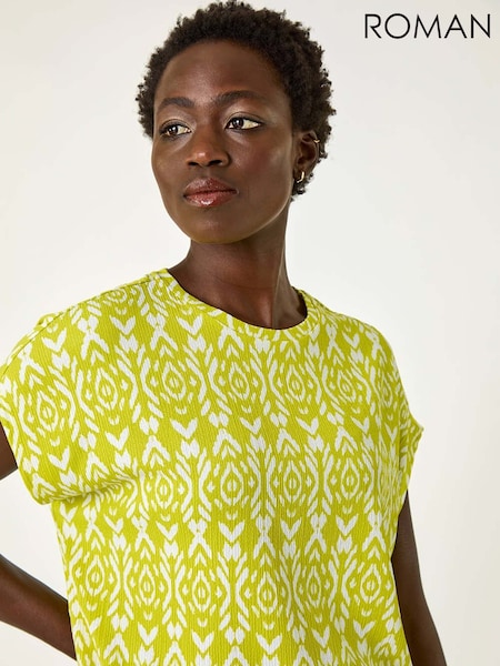 Roman Green Ikat Print Bubble Hem Top (F89165) | €42