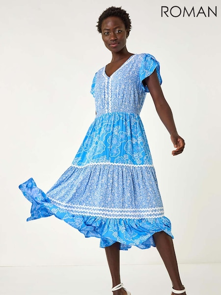 Roman Blue Floral Mix Print Ric Rac Midi Dress (F89166) | €63
