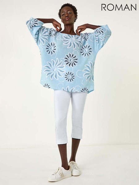 Roman Blue Floral Print 100% Cotton Tunic Top (F89167) | ₪251