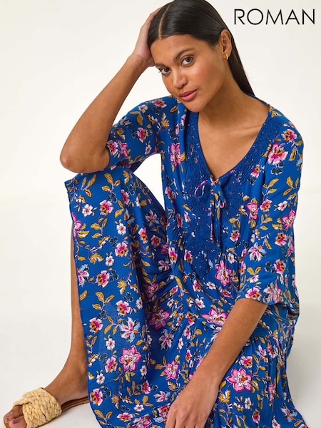 Roman Blue Floral Print Lace Detail Smock Dress (F89169) | €72