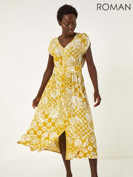 Roman Yellow Leaf Print Button Midi Dress (F89172) | €60