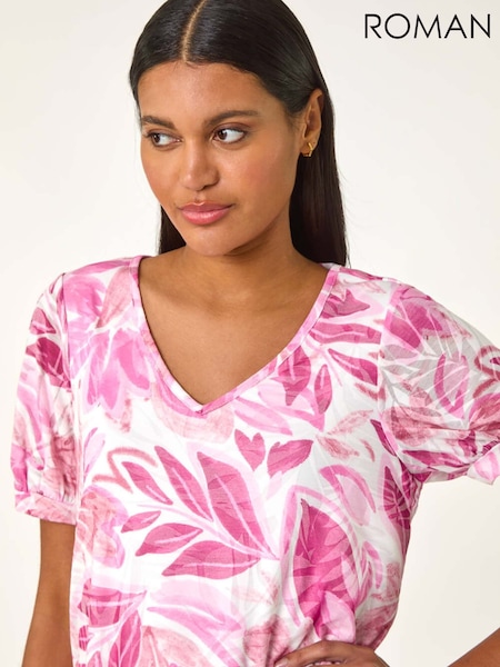 Roman Pink Floral Print Burnout V-Neck Top (F89173) | €51