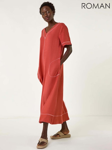 Roman Brown Contrast Stitch Detail A-Line Dress (F89176) | €63