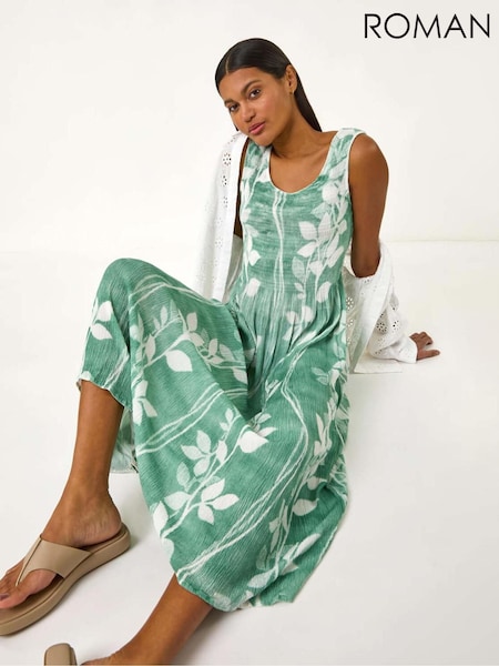 Roman Blue Leaf Print Shirred Bodice Midi Dress (F89178) | €58