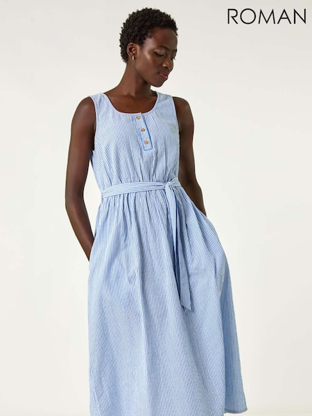 Roman Blue Pinstripe Belted 100% Cotton Midi Dress (F89188) | €58