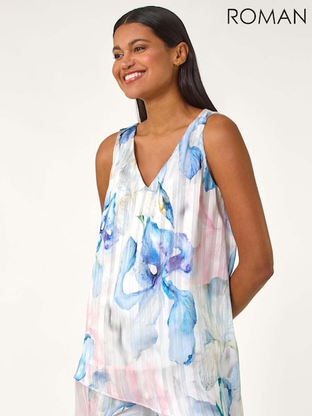 Roman Blue Floral Print Layered Tunic Top (F89190) | €60