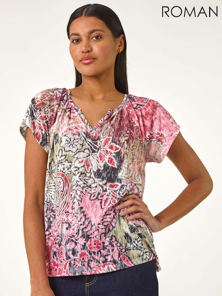 Roman Green Paisley Print V-Neck Raglan Top (F89194) | €40
