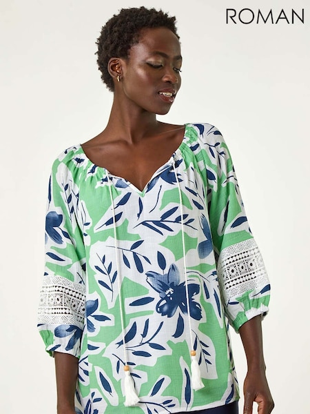 Roman Green Floral Print Tie Front Top (F89196) | ₪226
