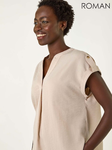 Roman Natural Pleated Notch Neck Top (F89201) | ₪201
