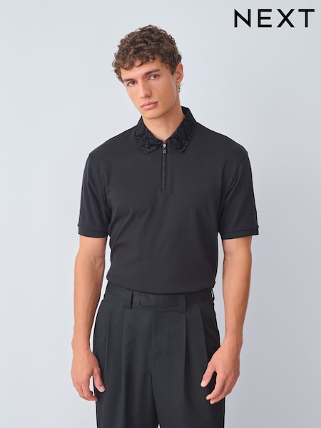Black Flock Short Sleeve Smart Collar Polo Shirt (F89310) | €36