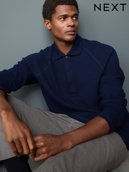 Indigo Blue Textured Waffle Long Sleeve Polo Shirt (F89320) | 139 QAR