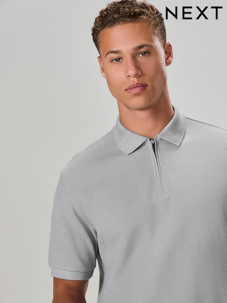 Grey Textured Smart Zip Neck Polo Shirt (F89334) | R$ 190