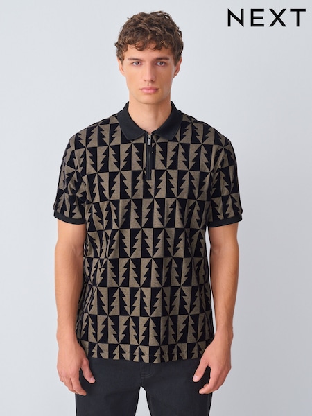Black/Gold Christmas Tree Flocked Quarter Zip Polo Shirt (F89337) | R$ 285