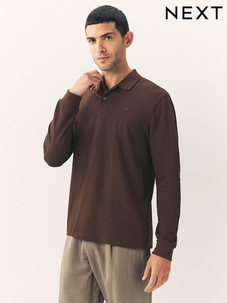 Brown Regular Fit Long Sleeve Pique Polo Shirt (F89355) | 109 QAR