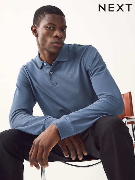 Blue Regular Fit Long Sleeve Pique Polo Shirt (F89367) | 109 QAR