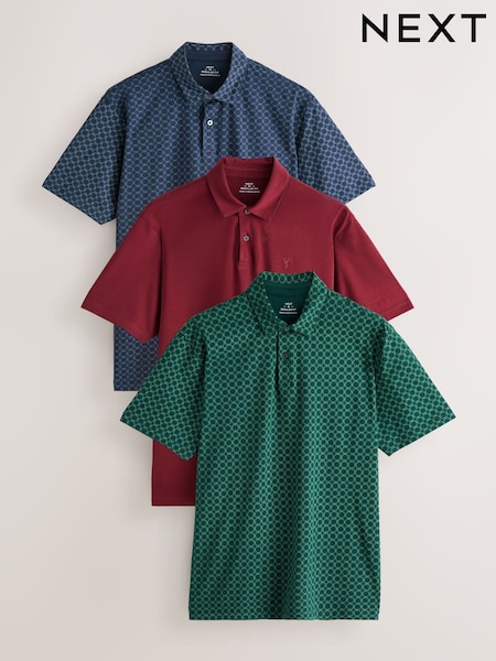 Navy/Green/Burgundy/Geos Regular Fit Short Sleeve Jersey Polo Shirts 3 Pack (F89379) | €59