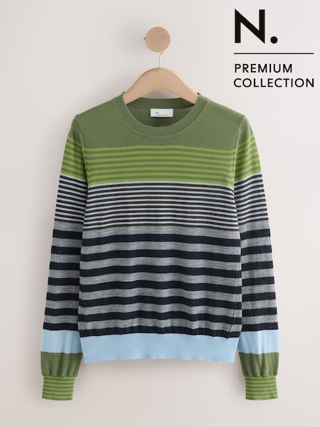 Green Multi Stripe 100% Merino Wool N.Premium Long Sleeve Crew Neck Jumper (F89420) | R$ 365