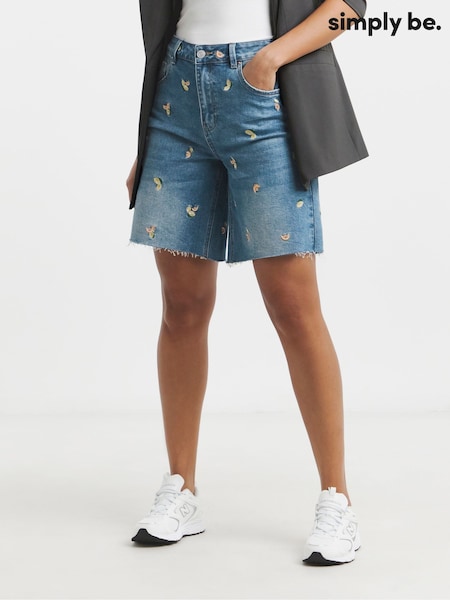 Simply Be Blue Fruit Embroidered Bermuda Shorts (F89443) | ₪151