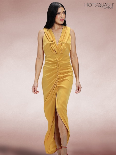 Hot Squash Yellow Deep V-Neck Ruched Dress (F89452) | $237