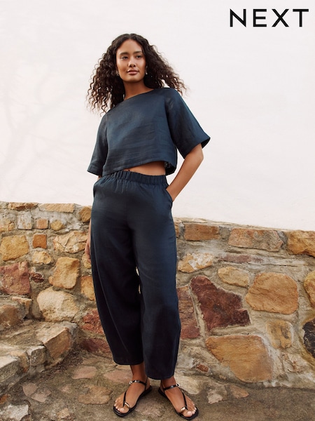 Marinha - 100% Linen Barrel Leg Trousers (F89499) | R$ 425