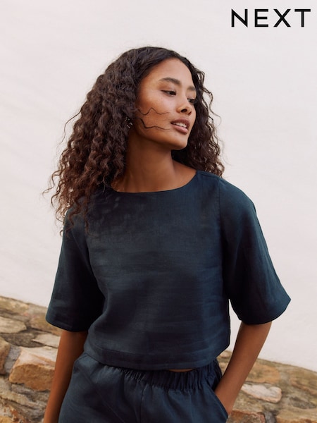 Marinha - 100% Linen Short Sleeve Top (F89508) | R$ 305