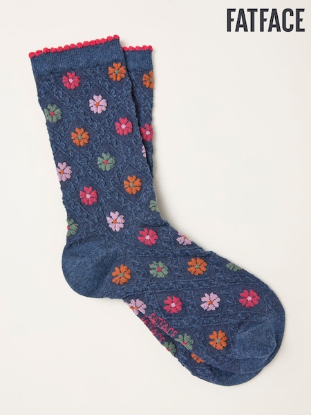 FatFace Navy Textured Floral Socks (F89628) | AED44