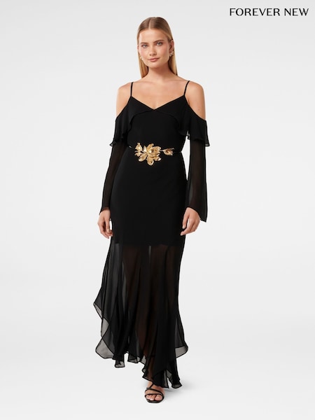 Forever New Black Astrid Boho Ruffle Maxi Dress (F89632) | €214