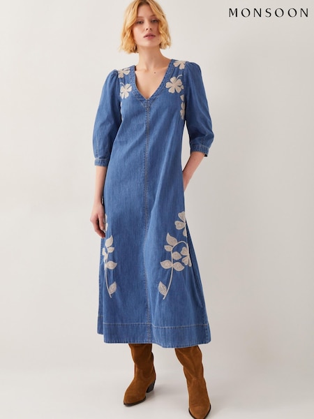 Monsoon Blue Fallon Floral Print Embroidered Denim 100% Cotton Midi Dress (F89663) | €113