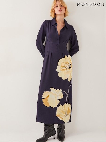 Monsoon Blue Fearne Floral Print Midi Shirt Dress (F89667) | ₪402