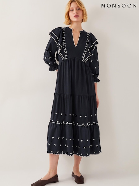 Monsoon Black Freya Frill Jersey 100% Cotton Midi Dress (F89683) | €108