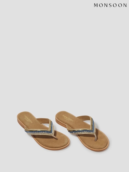 Monsoon Blue Sia Beaded Leather Flip Flop Sandals (F89687) | ₪196
