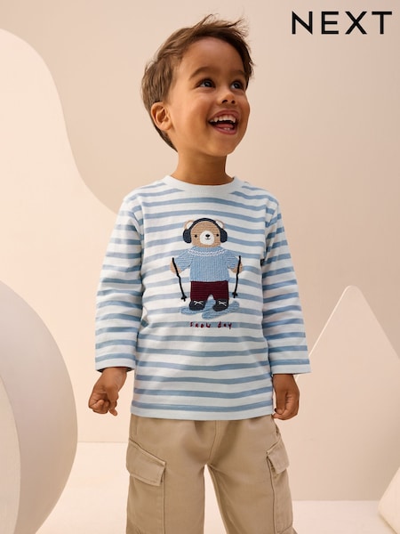 White/Blue Skiing Bear Long Sleeve Appliqué T-Shirt (3mths-7yrs) (F89735) | €11 - €13