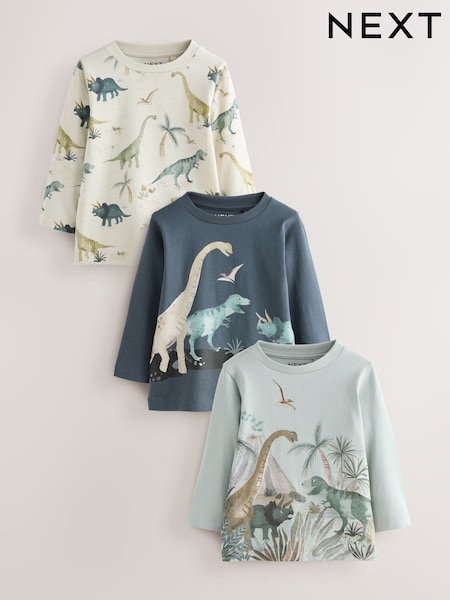 Mineral Watercolour Dinosaur Long Sleeve Graphic Print T-Shirts 3 Pack (3mths-7yrs) (F89737) | R$ 155 - R$ 195