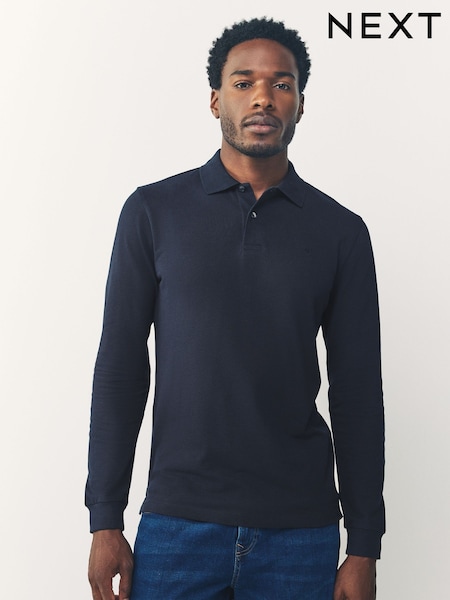 Azul marino - Corte slim - Long Sleeve Pique Polo Shirt (F89754) | 29 €