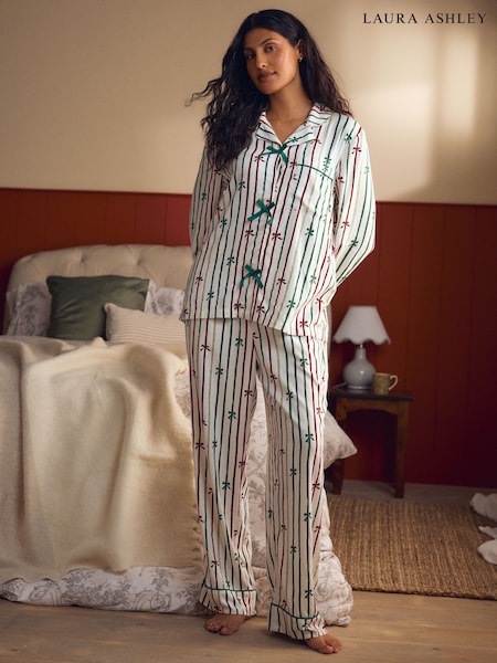 Laura Ashley Green Button Through Christmas Bow Pyjamas (F89813) | AED349