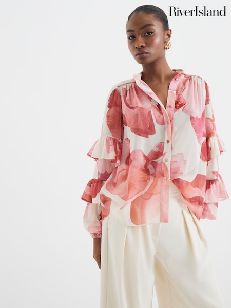 River Island Pink Ruffled Sleeve Floral Print Blouse (F89901) | €58