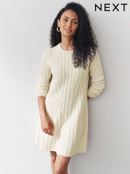 Ecru - Cable Knit Mini Skater Dress With Wool (F89928) | R$ 305