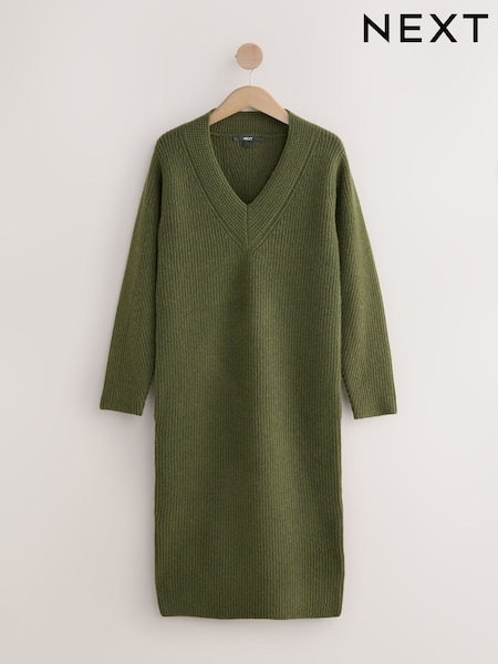 Verde cáqui - Super Soft V-Neck Midi Dress With Wool (F89929) | R$ 315