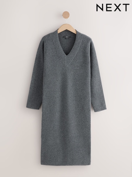 Cinza carvão - Super Soft V-Neck Midi Dress With Wool (F89933) | R$ 330