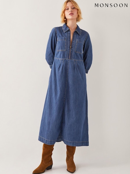 Monsoon Blue Bonnie Zip Denim 100% Cotton Shirt Dress (F89942) | €102