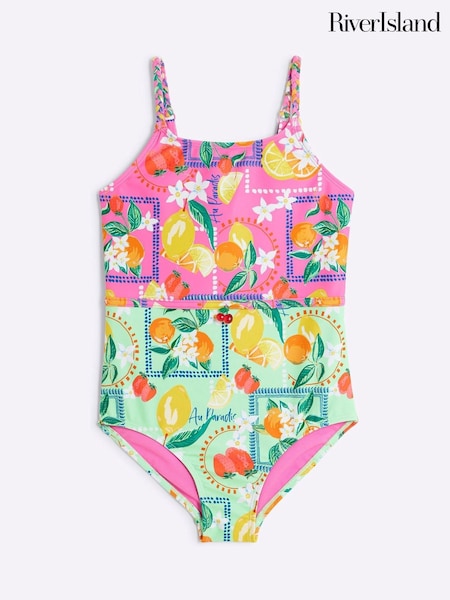 River Island Pink Girls Bright Lemon Blocked Swimsuit (F89943) | €26