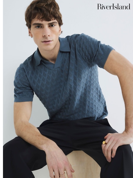 River Island Blue Short Sleeve Textured Open Collar 100% Cotton Polo Shirt (F89956) | 158 QAR