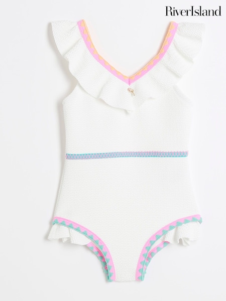 River Island White Girls Frilled Whipstitch Swimsuit (F89987) | €23