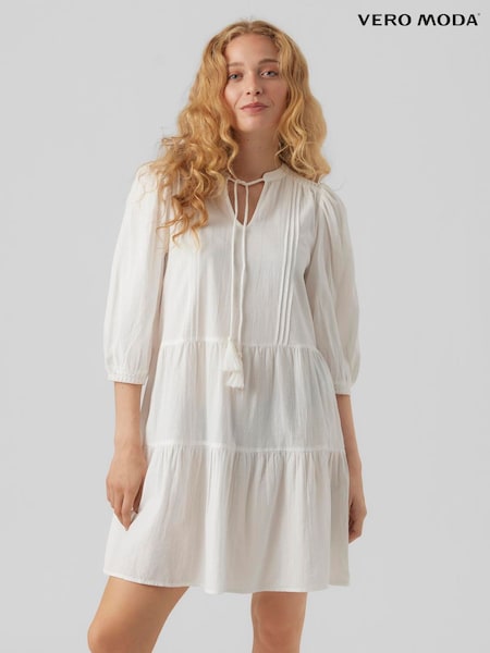 VERO MODA White 3/4 Puff Sleeve Smock Short Dress (F90027) | €42