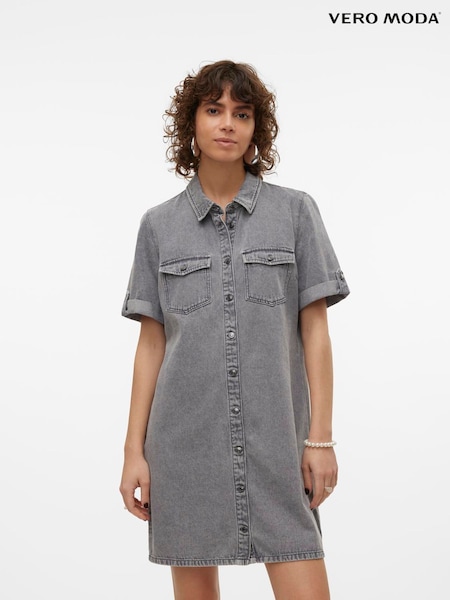אפור - Vero Moda Short Sleeve Button Down Denim Dress (F90033) | ‏191‏₪