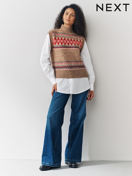Camel Brown Fairisle Pattern Layer Look High Neck Knitted Tank (F90086) | €47