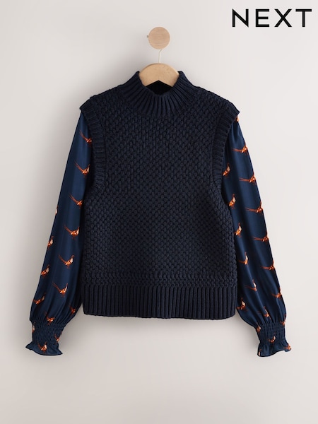 Navy Blue Pheasant Layer Look Knitted Tank With Wool (F90090) | €51