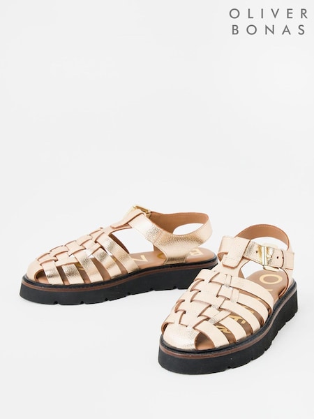 Oliver Bonas Gold Fisherman Strappy Leather Sandals (F90129) | R$ 690