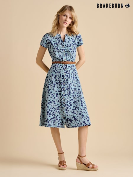 Brakeburn Blue Shadow Floral Print 100% Cotton Midi Dress (F90175) | €93