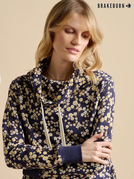 Brakeburn Blue 100% Cotton Floating Daisy Cowl Neck Sweatshirt (F90214) | €79